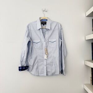 Roughstock Panhandle Slim White and Blue Plaid Women’s  Shirt Large NWT